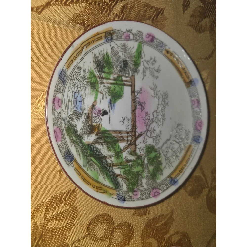 Vintage Made in Japan Porcelain Saucers Set of 2 Hand Painted Landscape Geisha